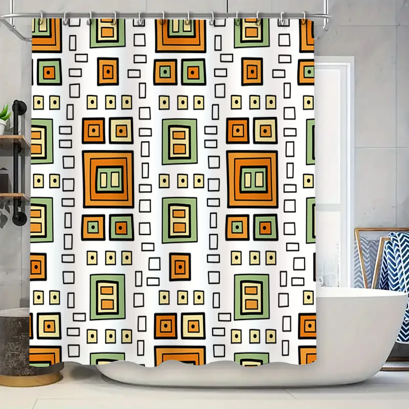 

Modern Bathroom Decor Shower Curtain with Orange Square Pattern Waterproof Fabric for Home Bathroom Accessories in White