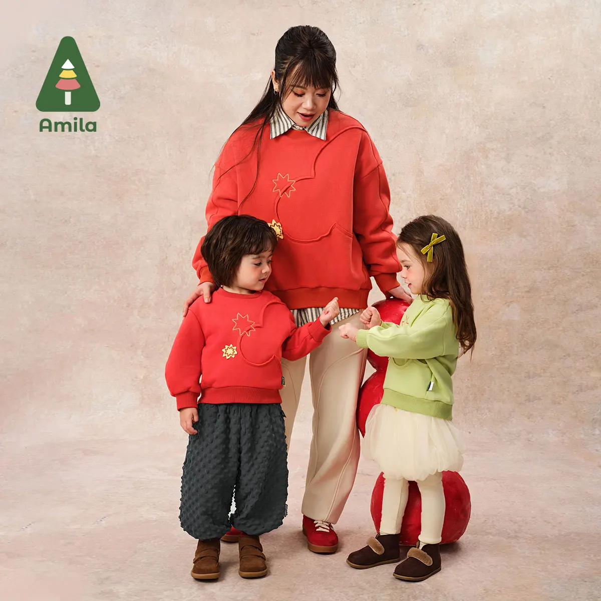 Amila Baby Sweatshirt 2024 New Winter Style For Boys And Girls Festive Chinese Style Plus Velvet Skin-Friendly Parent-Child Wear