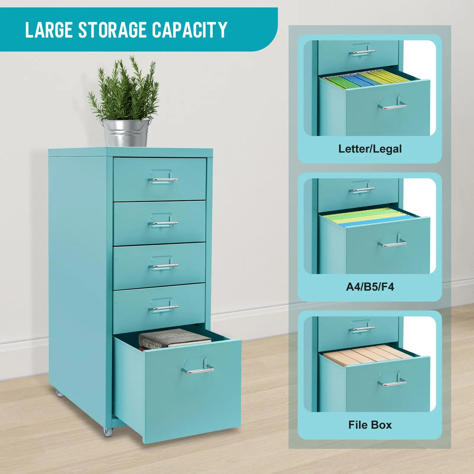 Metal File Storage Cabinet, 5 Drawer under Desk Filing Cabinets with Wheels, Mobile Home Office Furniture for A4 Legal/Letter Size