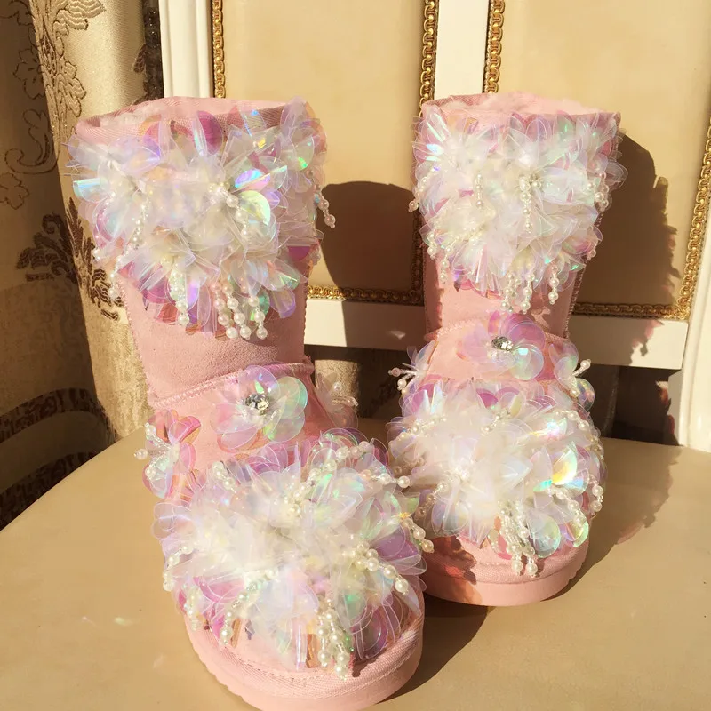 Bling Pearls Sequins Floral Kawaii Snow Boots Winter Shoes Woman Pink Cow Suede Leather Fur Plush Lined Flat Warm Shoes Female