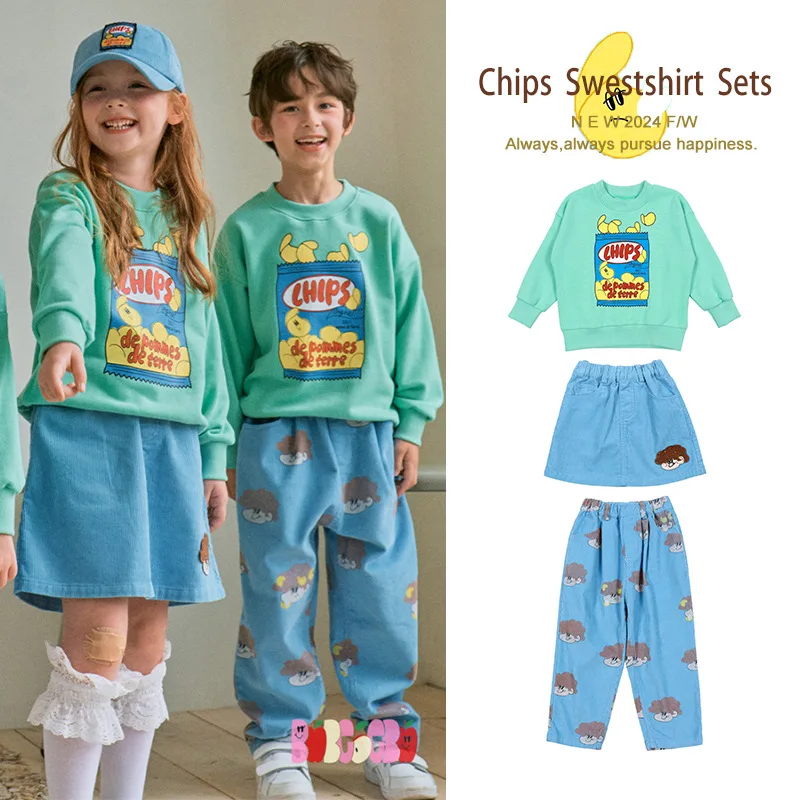 

2024 New Children's Casual Three-piece Set for Children Cartoon Potato Chips Printed Hoodie Trousers Short Skirt Casual Suit