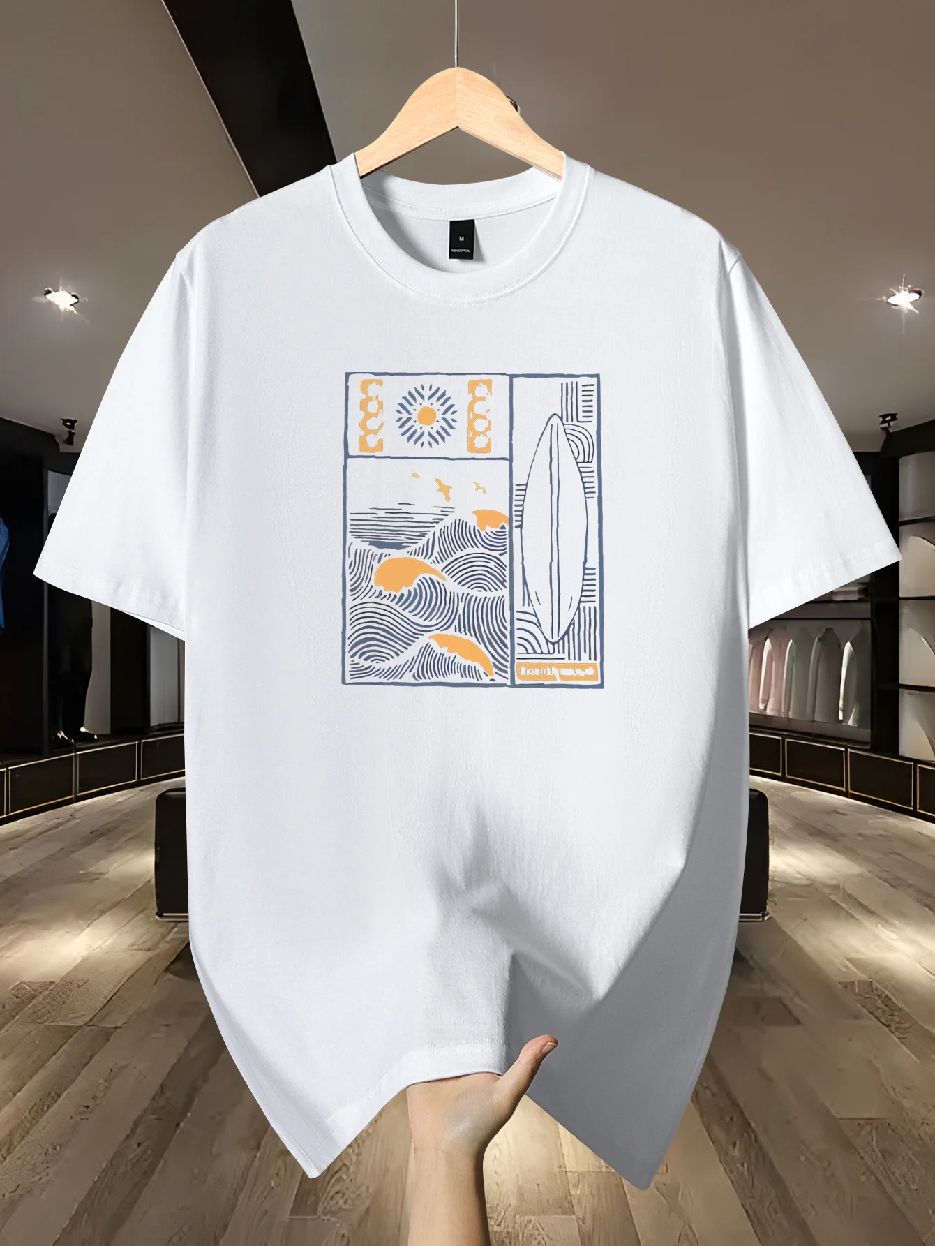 Summer New Style Surfboard Wave Split Panel Graphic Streetwear Loose Men T-shirt Pure Cotton Breathable Suitable for Daily Wear