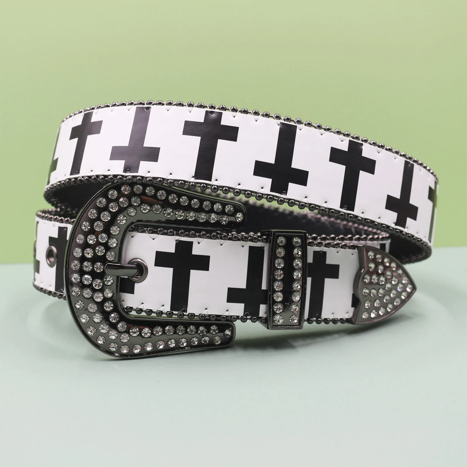 حزام حجر الراين الأبيض عبر طباعة مصمم أحزمة للرجال النساء حزام أسود حزام متعدد الألوان مع أحجار الراين اللامعة كهدية #2