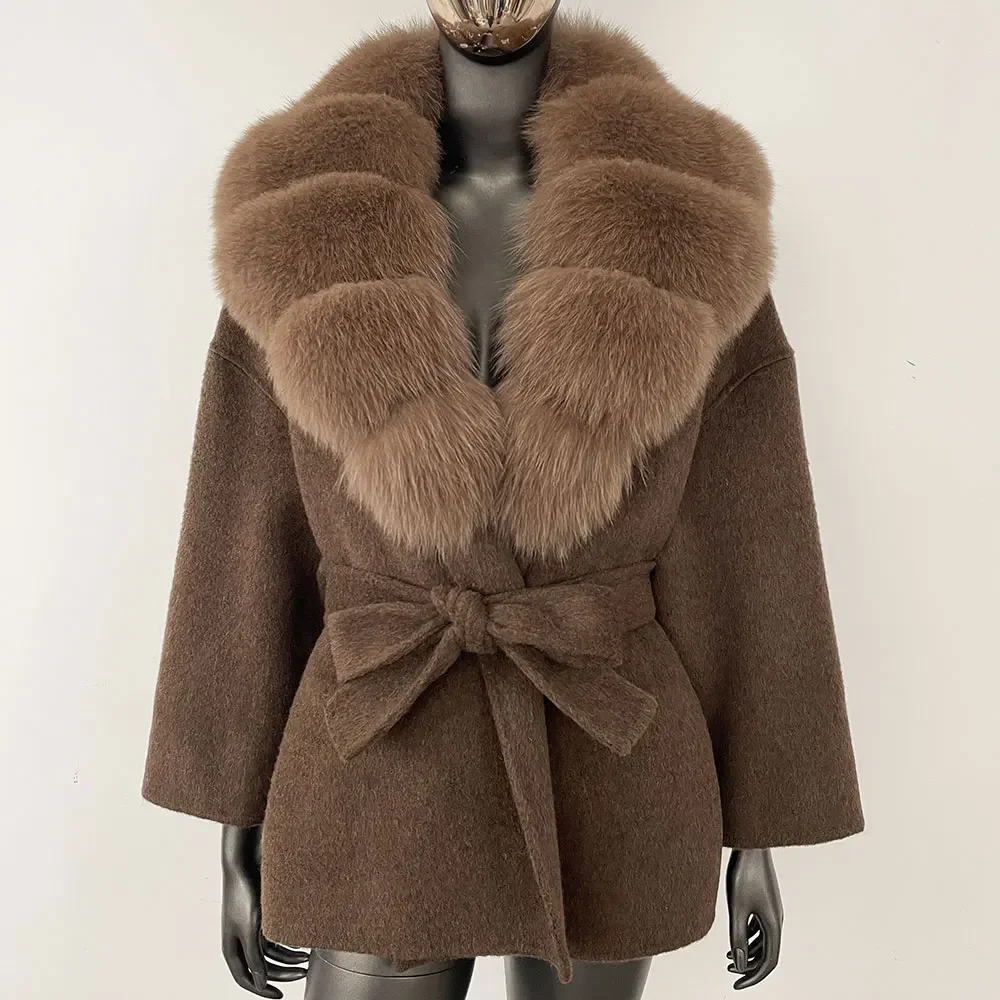OFTBUY Real Raccoon Fox Fur Coat 2024 New Belt Pocket Winter Blends Wool Coat Women Loose Outerwear Fur Jacket Casual Streetwear