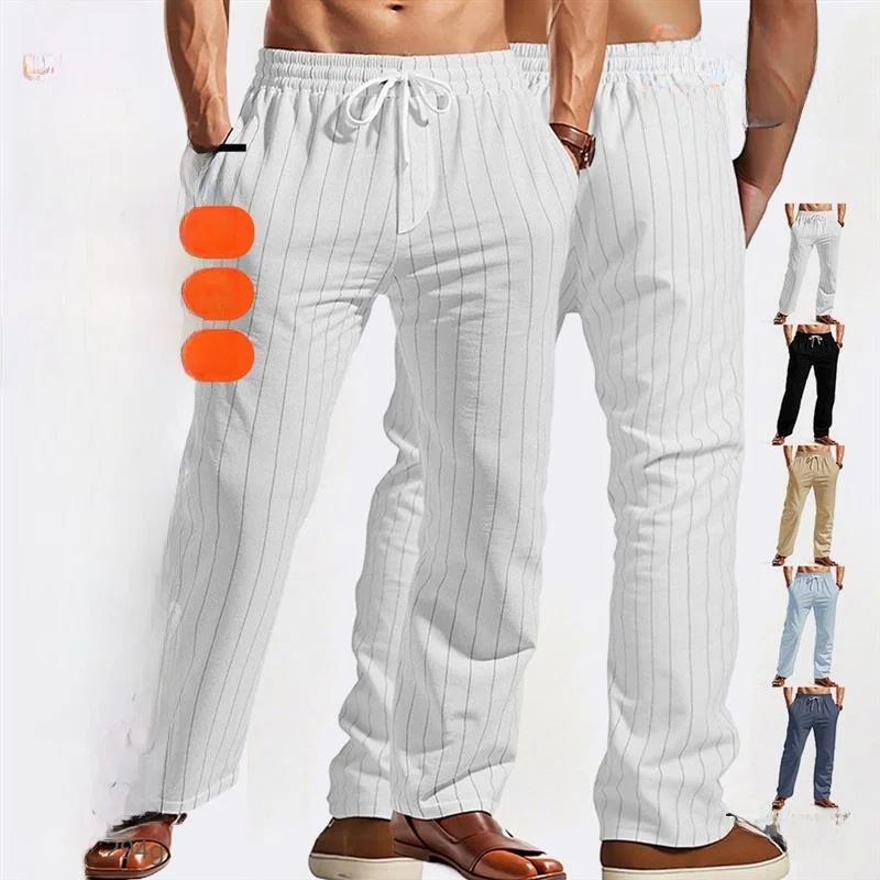 

Lightweight Linen Dstring Men's Casual Pants Striped Straight Leg Breathable Summer Trousers Comfortable Loose Fit Long Tr...