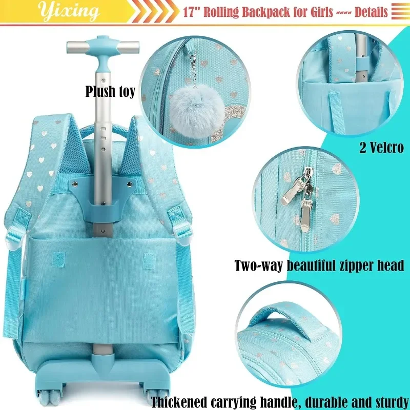 Children\'s Wheeled Backpack Bag Set with Lunch Box School Rolling Backpack Bag with Wheels School Trolley Backpack Bag for Girls