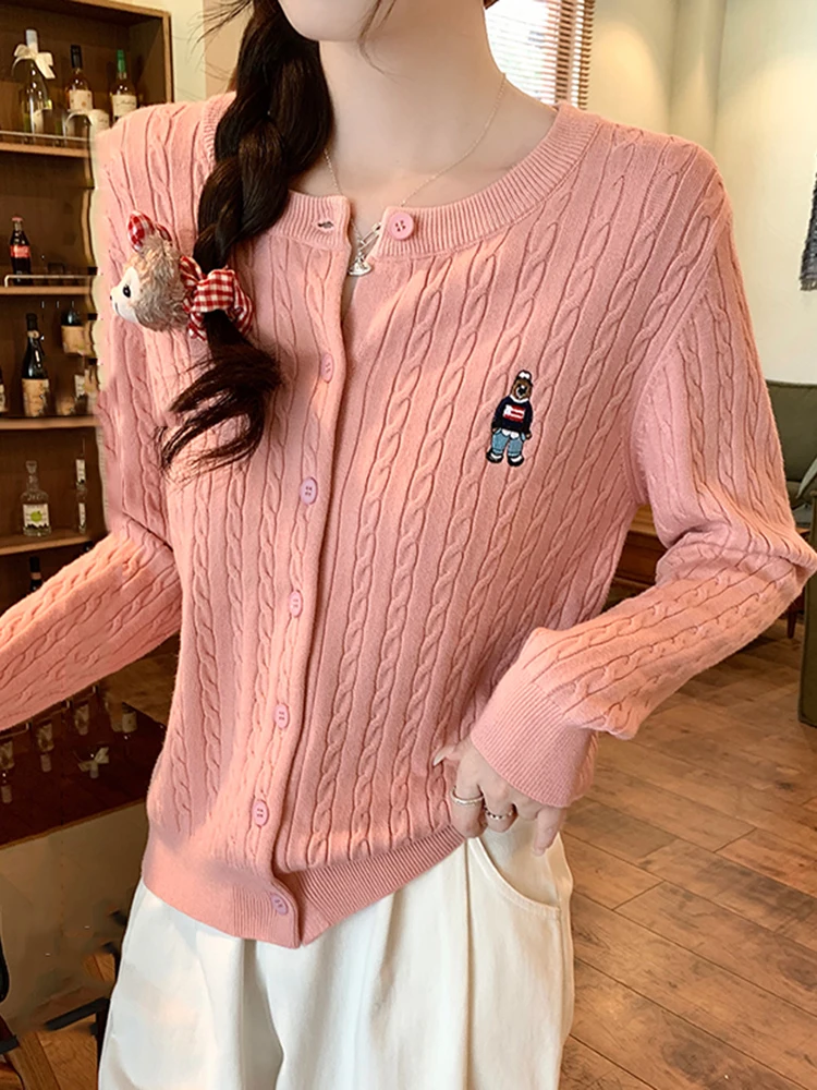 

Вязаный кардиган Ele для женщин, весна 2026, новая модель, с вышивкой, витой вязки, элитный, простой, длинный свитер-пальто