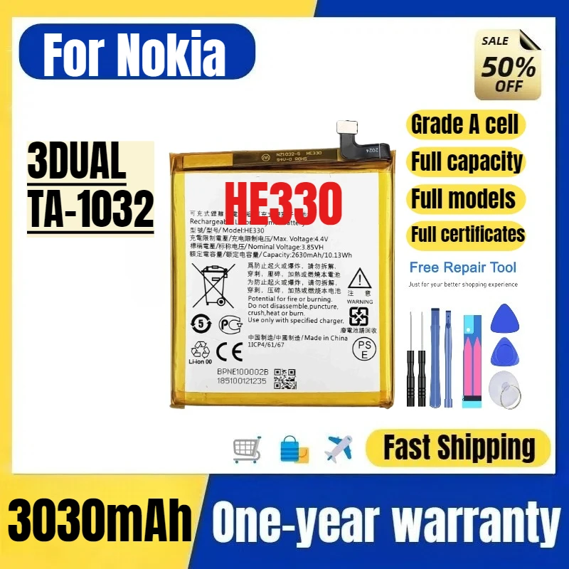 

HE330 for Nokia 3DUAL/TA-1032 Mobile Phone Battery High Quality High Capacity Battery Replacement Bateria Grade A Cell with Tool