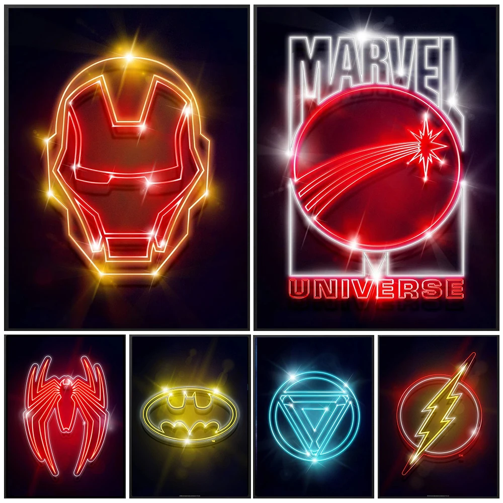 Marvel Iron Man Super Hero Pop Neon Sign Man Bar Pub Decoration Modern HD Colorful Poster Home Wall Art Classic Canvas Painting