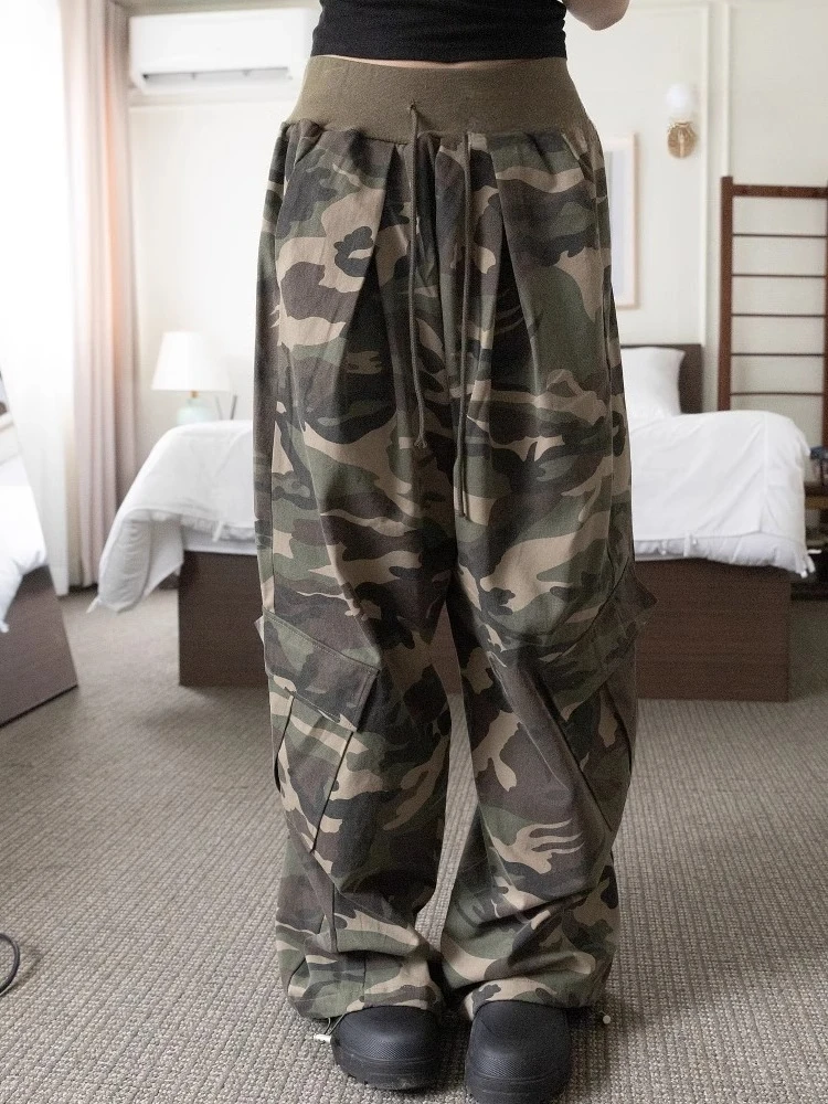 

Summer Y2k Retro American Camouflage Pants 2025 New Straight Loose Trousers High Waist Lace Up Wide Leg Pants for Women