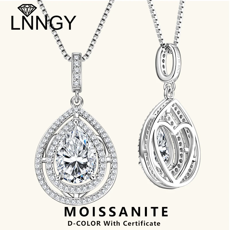 

Lnngy 925 Sterling Silver Box Chain Necklaces Certified 1ct/1.5ct/2ct Droplet Shape Moissanite Pendant Necklace For Women