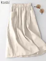 ZANZEA Women Cotton Skirt Holiday Elastic Waist Midi Skirt 2024 Summer Side Pockets Falda Saias Casual Korean Solid A Line Jupe 3