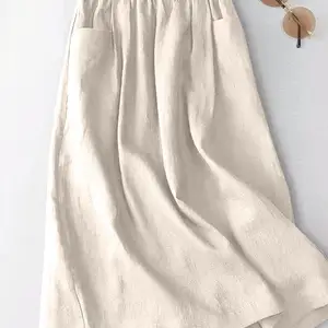 Váy Zanzea-Cotton dành cho phụ nữ, eo đàn hồi, váy midi với túi phụ, giản dị, Hàn Quốc, màu rắn, cho ngày lễ, mùa hè, 2021 8 Bán hàng chính Gode Váy với túi - №3