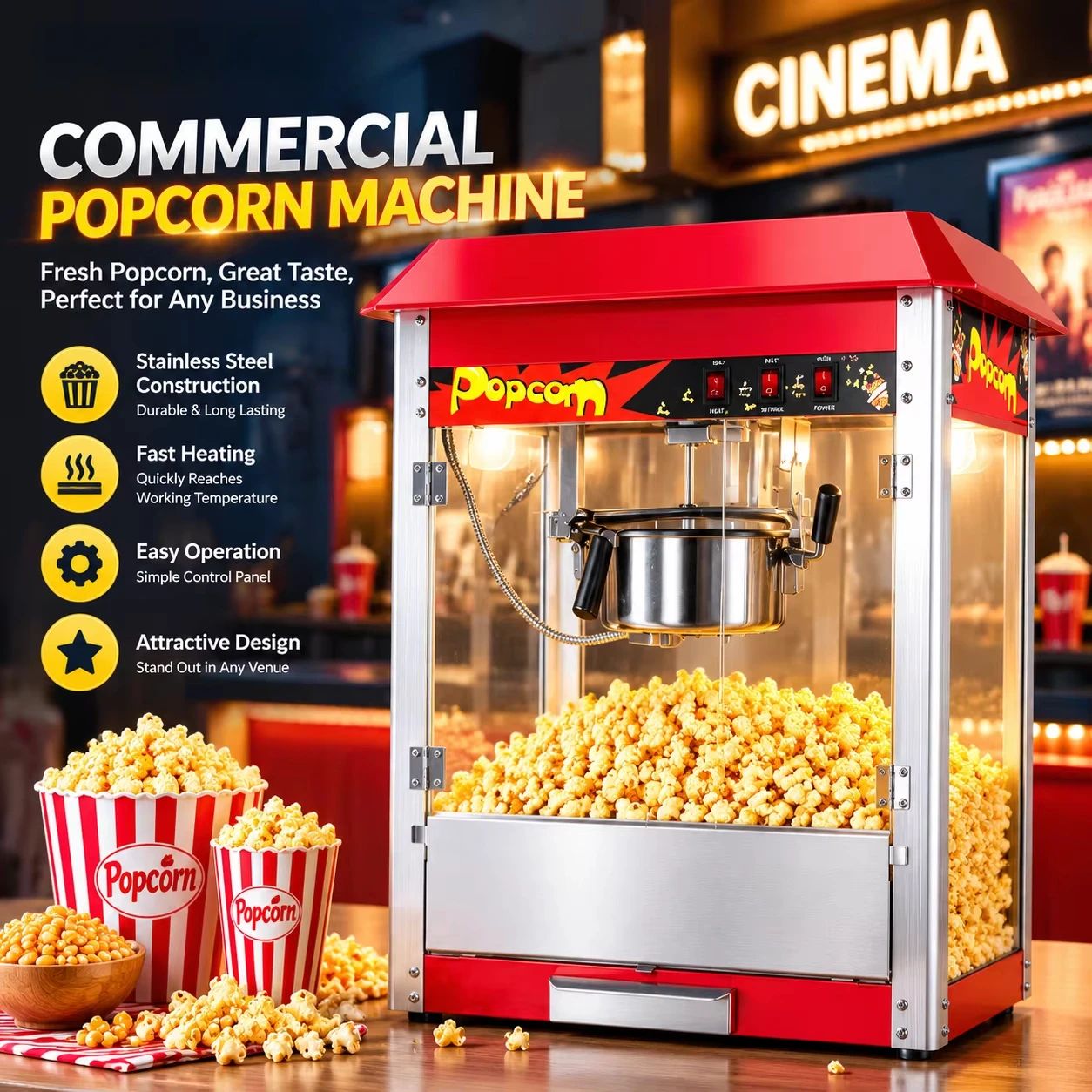 CE Certification  Electric Popcorn Machine 8oz Commercial Popcorn Maker With Warming Function Snack Machines for Snack Business