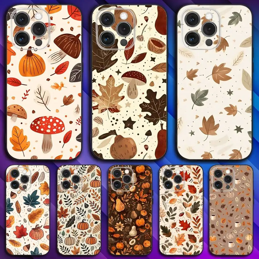 

Leaves Crtoon Pumpkin Phone Case For iPhone 17,16,15,14,13,12,11,Pro,Max,Plus,X,XS,SE4,E,Mini,Soft Black Case