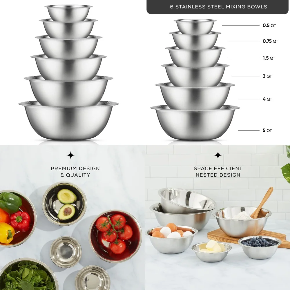 

Набор мисок для смешивания из нержавеющей стали, 6 предметов, вложенный на 5 литров до 0,5 литра, кухонная утварь для приготовления пищи и выпечки для домашнего использования в ресторане