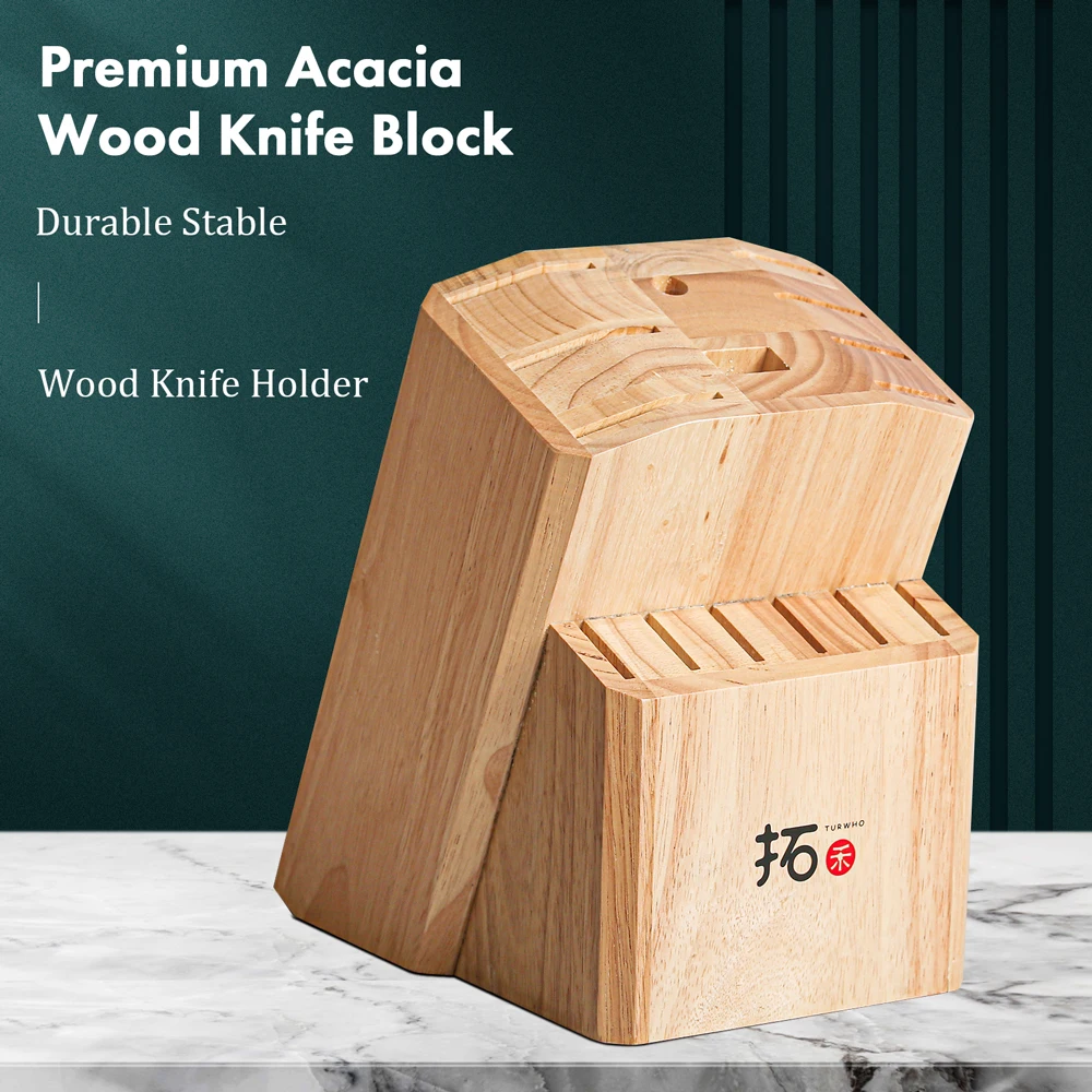 

TURWHO Knife Block Acacia Solid Wood For 15PCS Kitchen Knives Set Scissors Sharpening Rod Holder Knife Stand Shelf Storage Tools