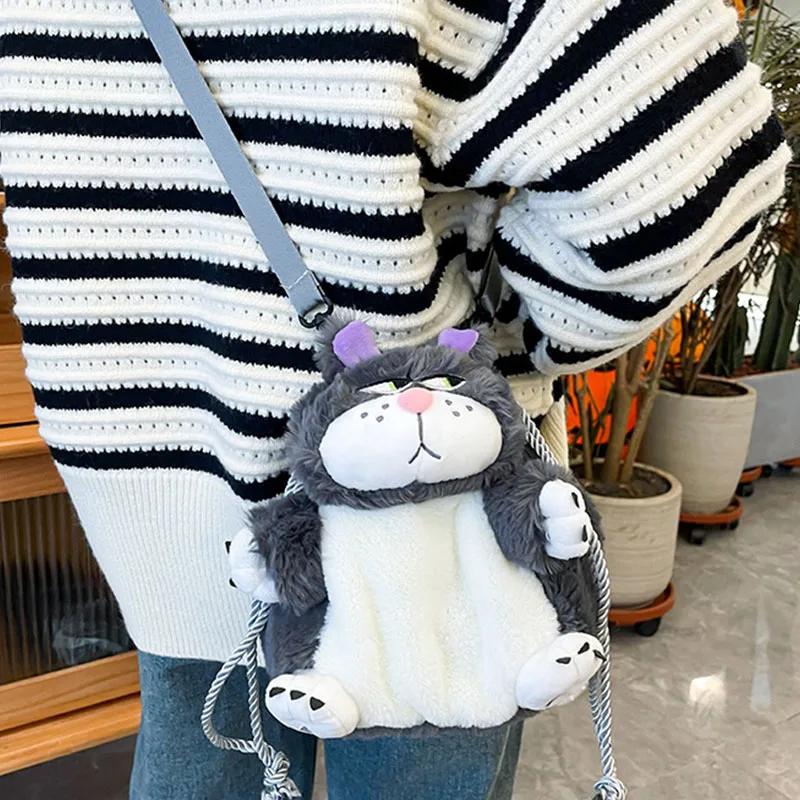 Lucifer Cat Women Plush Shoulder Bag Cartoon Anime Cinderella Portable Drawstring Shoulder Bag Plush Toy Diagonal Package Gift