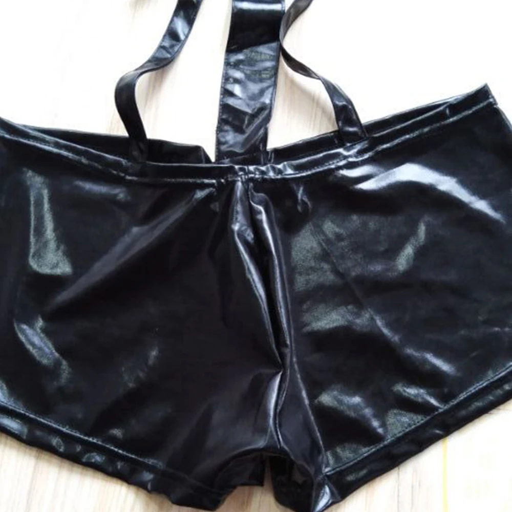 

Mens Boxer Shorts Sexy Underwear Tight-Fitting Faux Leather Jumpsuit Nightclub Party Bikini Men Briefs Stage Wear Male Panties