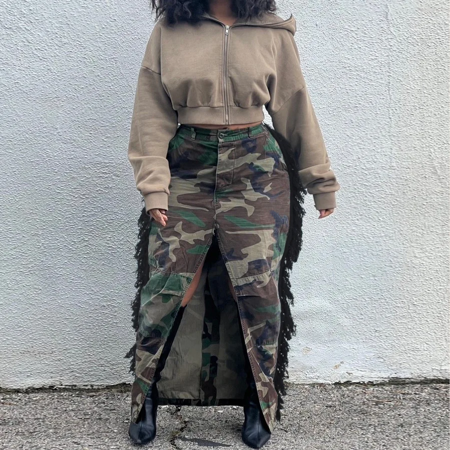 

Summer Maxi Skirt Camo Cargo Slit Dress Fringe Sexy Y2K Streetwear 2023 Women Fashion Clothing High Waist Pencil Tassel Skirts