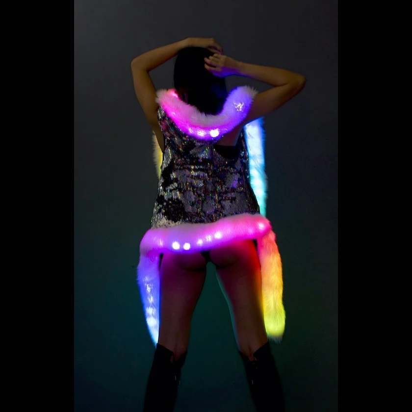 Sequins USB Control LED Light Strip Jacket Faux Fur Vest Hooded Holiday Stage Performance Clothing Cosplay Outwear