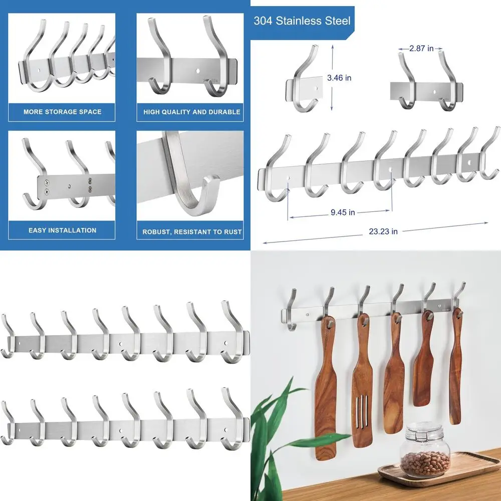 

Sturdy 23 Wall-Mounted Coat Rack with 8 Hooks, Silver for Entryway & Bathroom - Holds Bags, Coats, Hats, Towels, Clothes, 2-Pack
