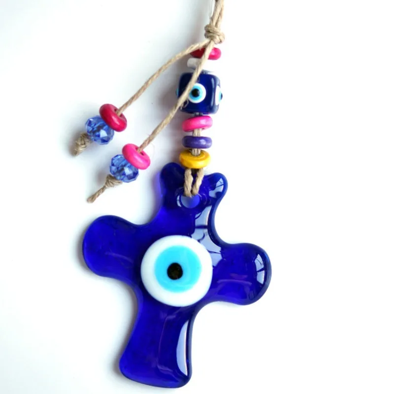 Charms Mascot Turkish Blue Eyes Boncuğu Crucifix Cross Colored Glaze Glass Spacer Bead Pendant Amulet Dangle Car Hanging Decor