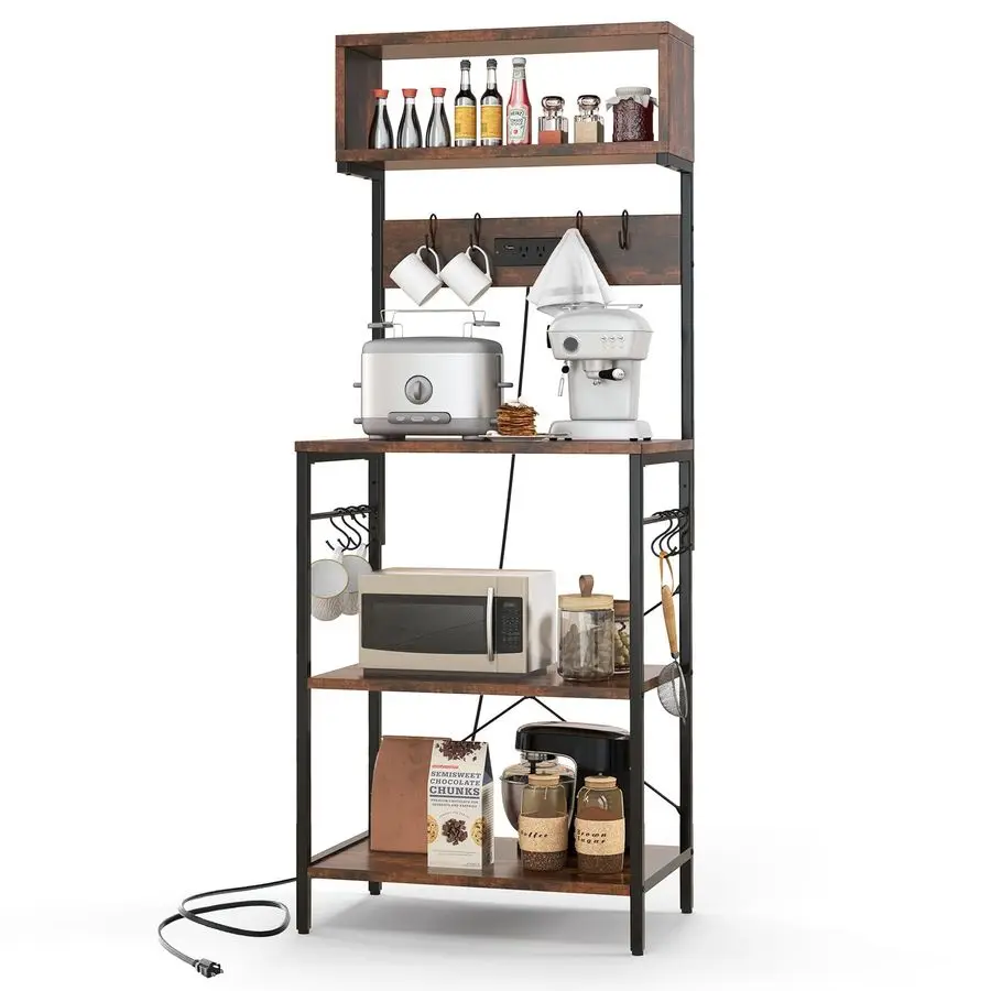 Bakers Rack with Power Outlet, Kitchen Microwave Stand with 10 SShape Hooks, 60 Tall Kitchen Storage Shelf, Coffee Bar for Livin