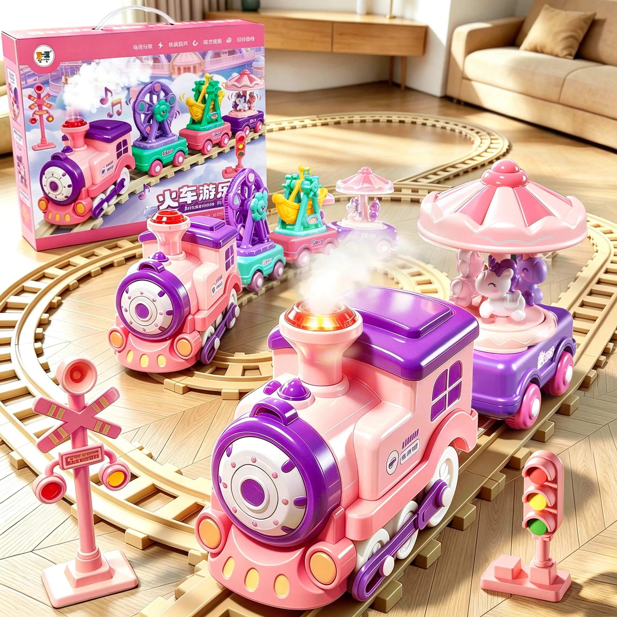 Girl Electric Rail Magnetic Train with Sound & Light Spray Train Set Fun Education Children 3 Year Birthday Gift Kid