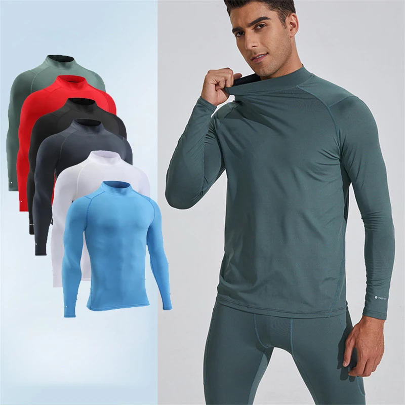 Men Turtleneck Running Long Base T Shirt Fitness Sport Basketball Football Gym Hiking Trainning Compression Top Bottom Clothes 9