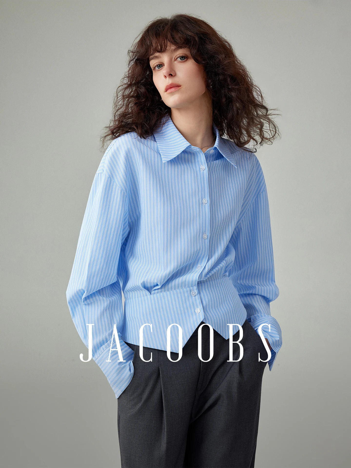 

Blue Striped Waist-Cinching Long Sve irt for Women Ele Commute Faionable Country Sle Ladylike irtwaist Design