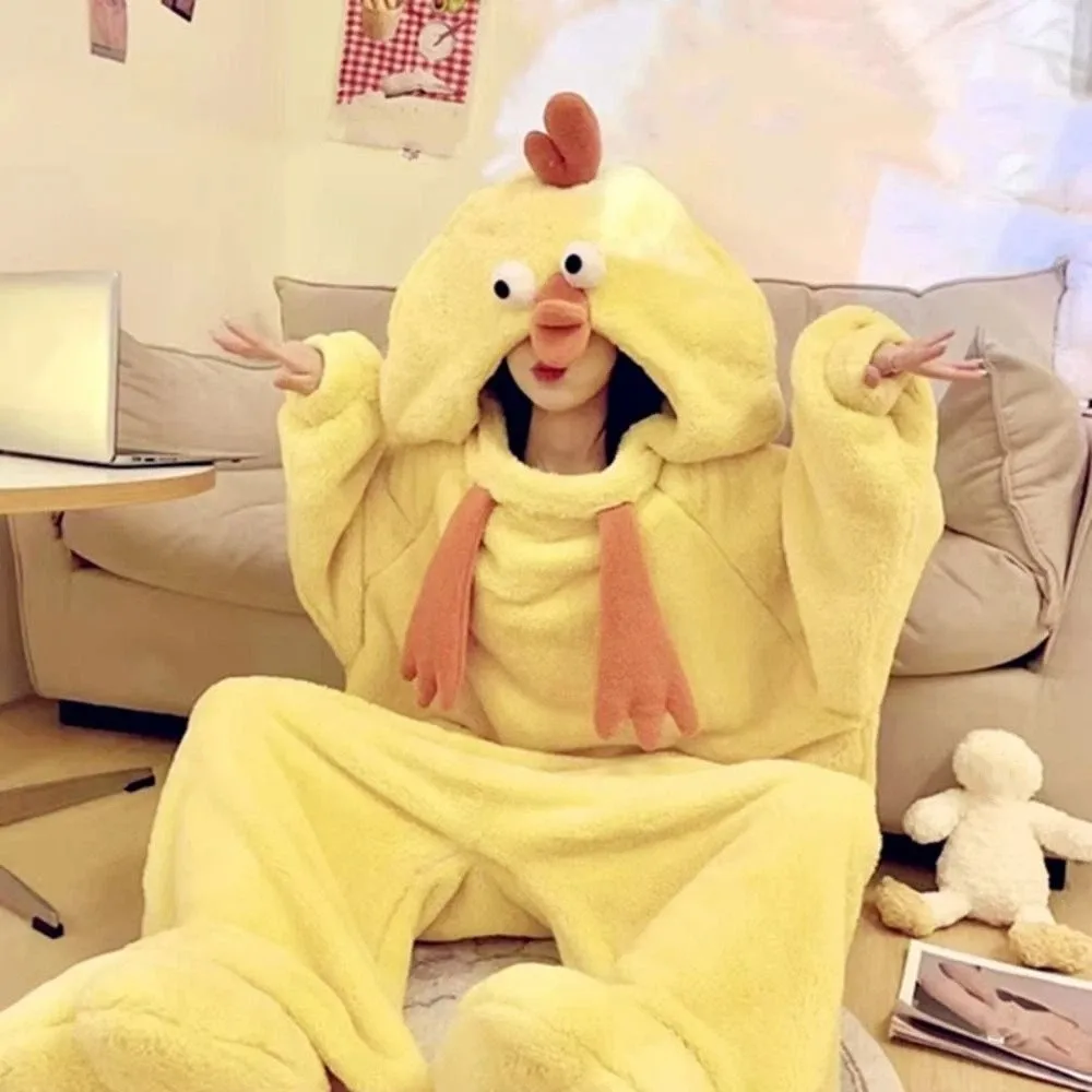 Sweet Jumpsuits Cartoon Chicken Pajamas Long Sleeve Funny Coral Fleece Nightwear Home Wear Plush Warm Cute Sleepwear Women Home