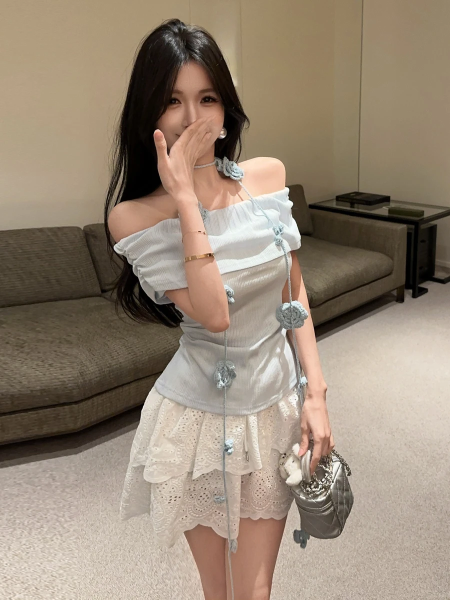 

Sweet Pure Desire Style One Shoulder Flower Top Lace Multi-layer Cake Short Skirt Two-piece Set for Young Women Summer Fashion