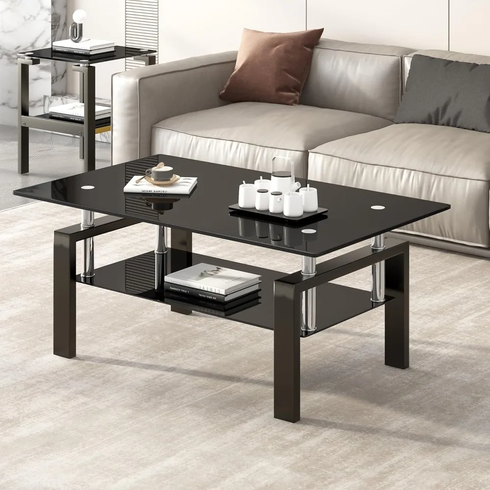 Tempered Glass Coffee Table with Metal Legs Modern Small Coffee Tables for Living Room (Black)