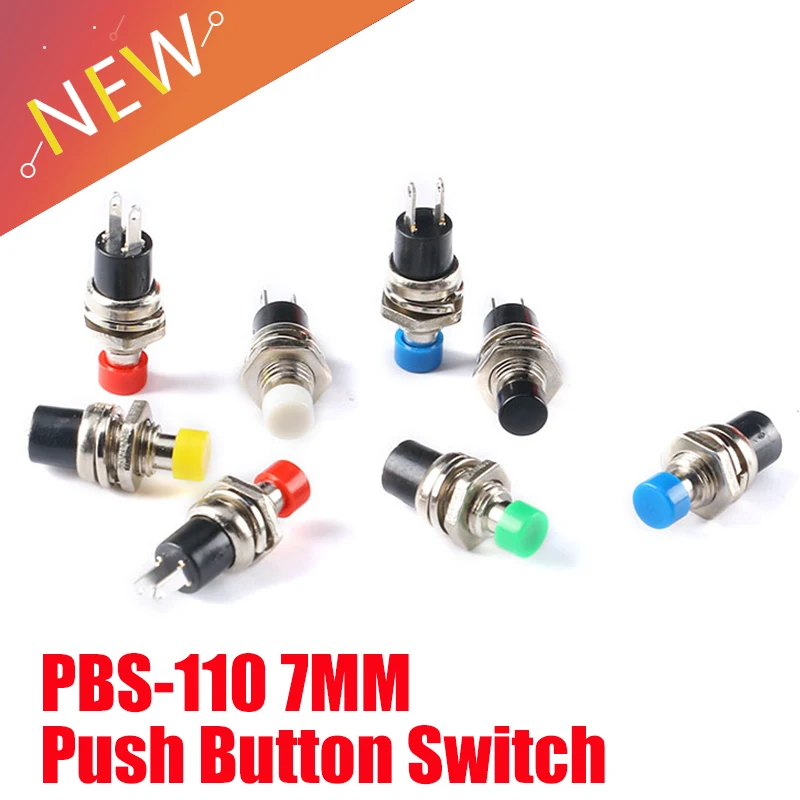 6 sztuk/1 szt. NC (normalnie zamknięte) 7mm 2 piny SPST chwilowy Mini przełącznik przyciskowy PBS-110 PB05A CZERWONY CZARNY NIEBIESKI Naciśnij OFF Release ON
