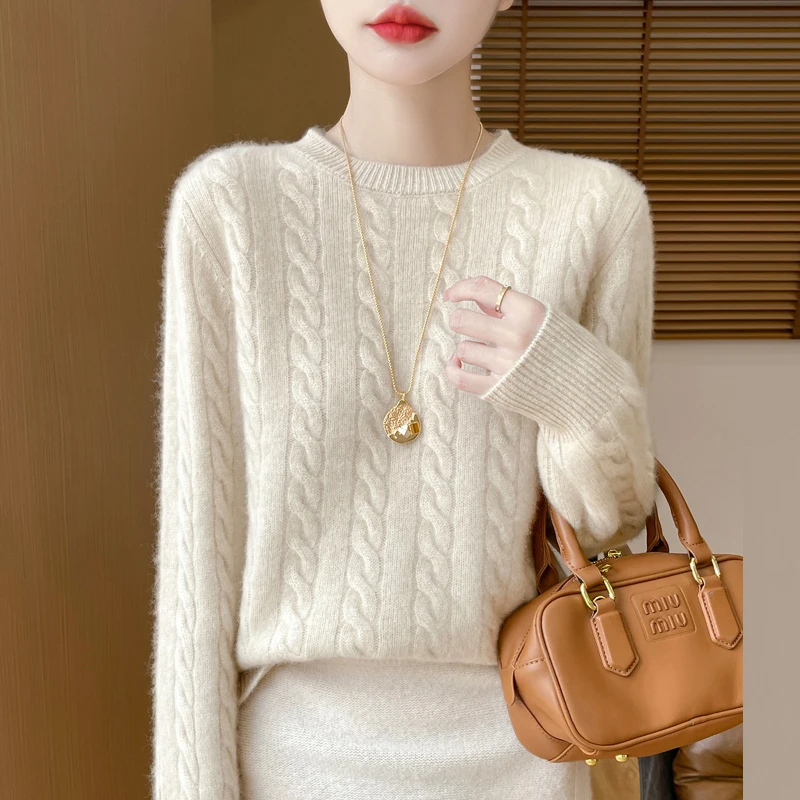 

100% Merino Wool O-Neck Cable Knit Sweater Cashmere Long Sleeves Solid Color Pullover Women Fashion Warm Soft Clothing Top
