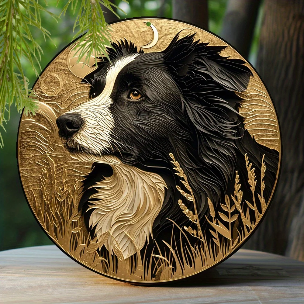 

Round Aluminum Papercut Art Painting Round Wreath Decorative Sign Bedroom Decor Fathers Gift Border Collie Theme Decoration