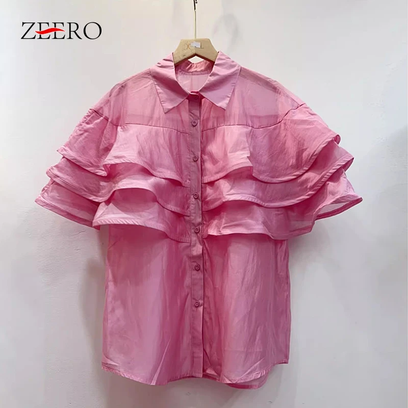 

Elegant Sweet Loose Thin Pink Layers Ruffles Patchwork Shirts Women Summer Lapel Neck Blouses Y2k Petal Puff Sleeve Blusas Mujer