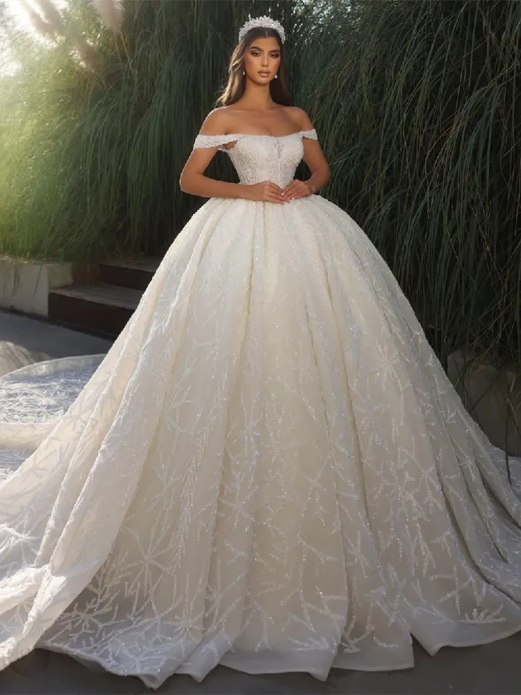 Luxury Wedding Dresses Sleeveless Off Shoulder Sweetheart Sequins Appliques Lace Ruffles Celebrity Bridal Gowns Vestina De Novia