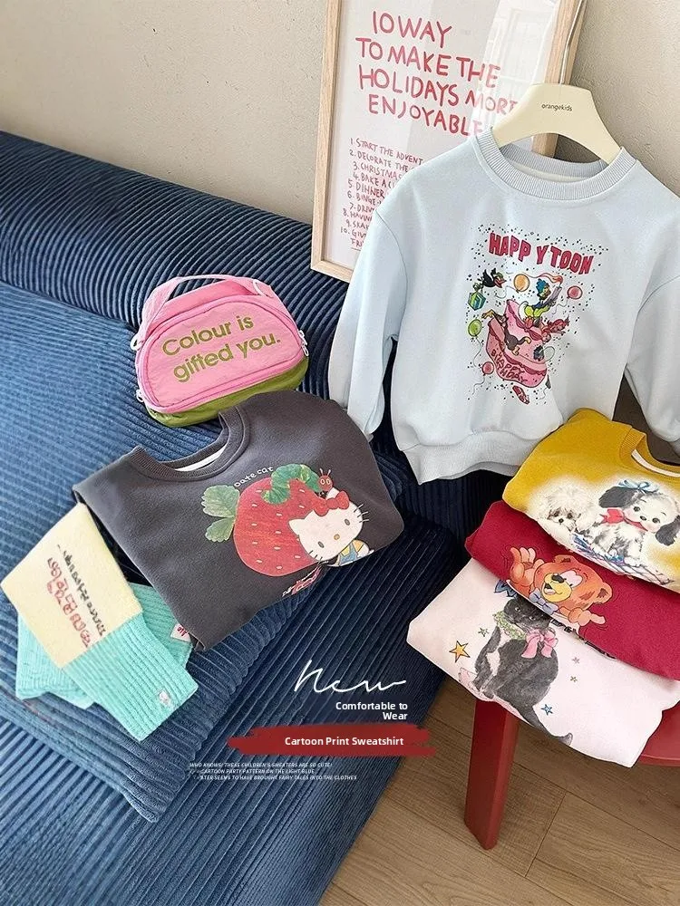 

Круглый свитшот Ne Long Sve с мультяшным принтом для девочек, весенне-осенняя модная детская одежда Princ Sle, хлопковая внутренняя часть