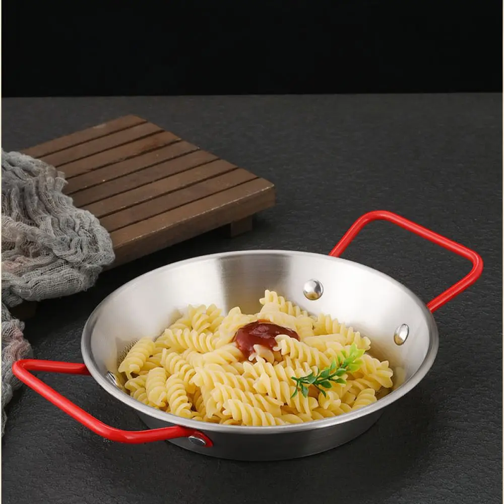 Modern Industrial Style Shallow Tray Stainless Steel Dual Handle Seafood Plate Fried Chicken Dish For Salad Pasta Serving