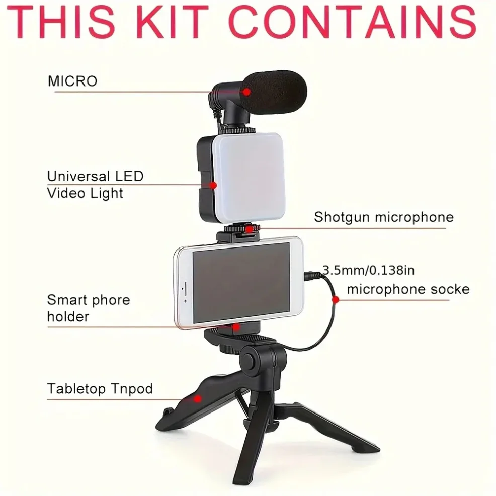 Smartphone Vlogging Kit With Tripod Phone Holder Mini Microphone Fill Light Starter Handle Portable Stabilizer Bracket