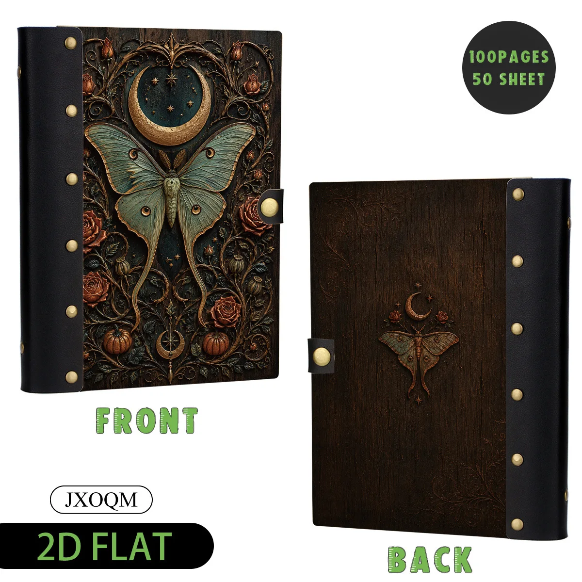 1PC Luna Moth Moon Rose Mystical Floral Wooden Hardcover Loose Leaf Notebook, 2D Flat Vintage Style, 6-Hole Metal Ring Binder