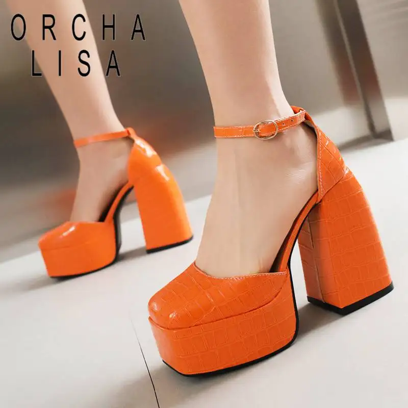 

ORCHA LISA Design Shoes Women Sandals Square Toe Strange Cover Heel 12.5cm Platform 4.5cm Plaid Buckle Strap Party Big Size 48