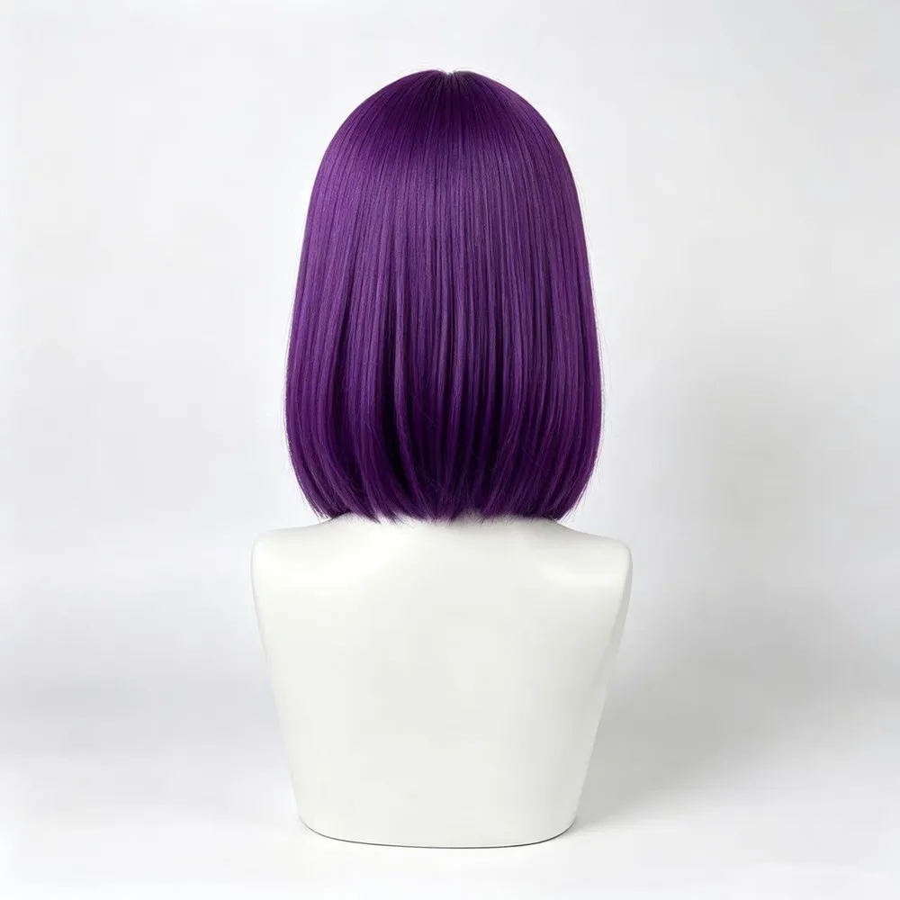 Purple Bob Wig with Bangs 14 Inch Straight Short Hair for Women Premium Heat Resistant Fiber with Rose Net Cap for Cosplay Party