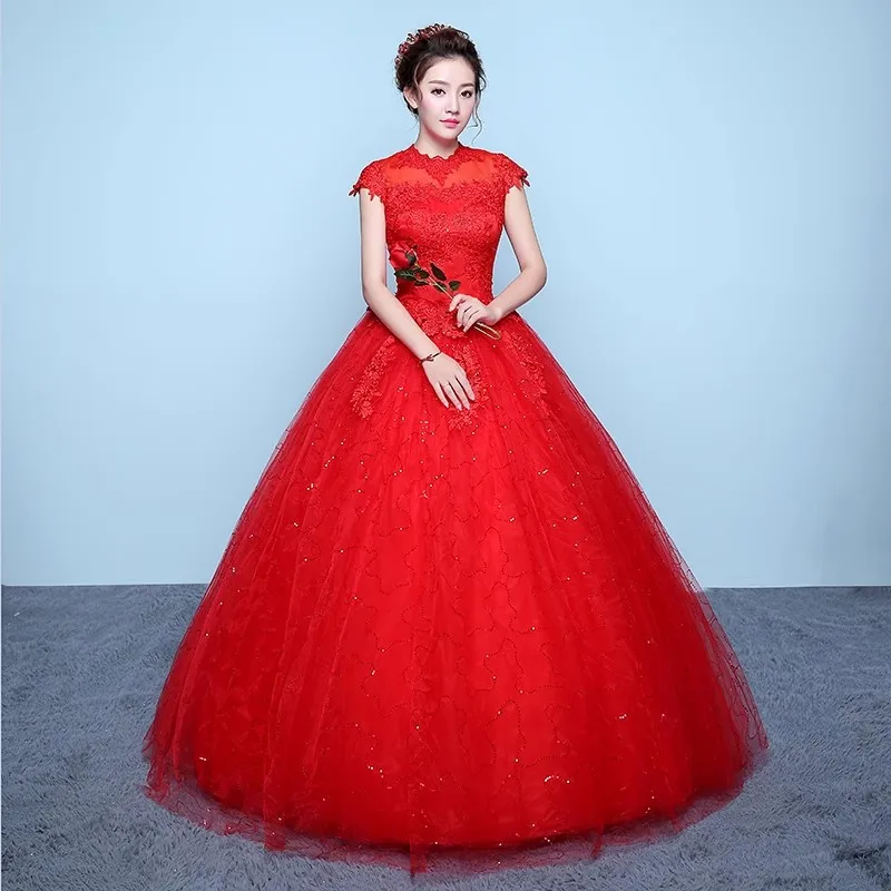 It's Yiiya Wedding Dress Red Bling Tulle Embroidery O-neck Lace up Princess Floor-length Plus size Cheap Bride Ball Gowns XN012