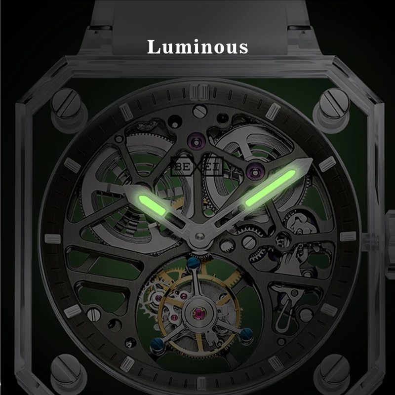 BEXEI 9112 K9 Crystal skeleton synthetic sapphire manual mechanical movement tourbillon watchs Luxury waterproof Reserve 80H