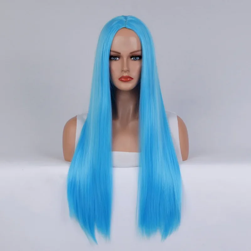 الاصطناعية الوردي طويل مستقيم شعر مستعار الجزء الأوسط حريري لينة موضة تأثيري زي حفلة لوليتا مقاومة للحرارة الاستخدام اليومي