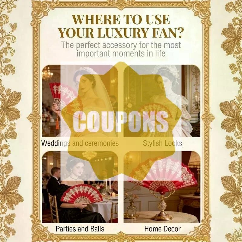 Red Lace Folding Hand Fan Gold Embossed Pattern Elegant Handheld Fan Lightweight Decor Fan For Wedding Party Cosplay Photo Prop