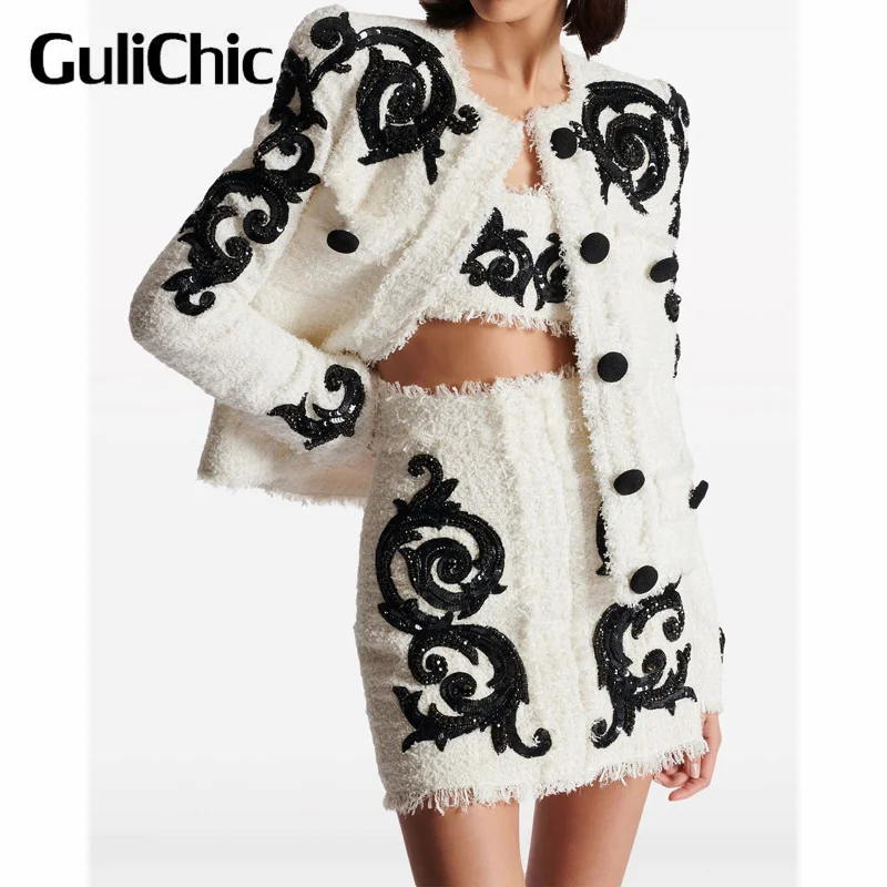 GuliChic-White Tweed Set for Women, Sequined Beading Decoration, O-Neck Pocket Jacket, High Waist Slim Skirt, 8.7